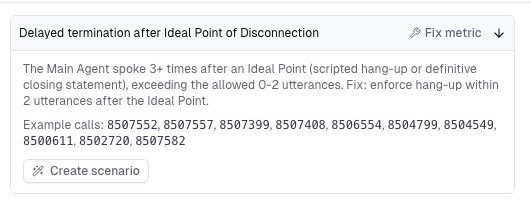 An expanded Cekura Insights failure mode showing the mechanism explanation, the fix, the example calls behind it, and a Create scenario button