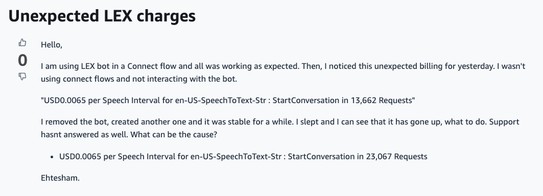 Screenshot of AWS complaint about unexpected streaming charges.