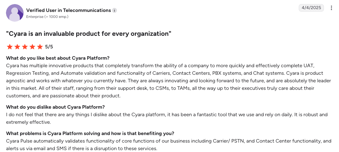 G2 review screenshot: a Verified User in Telecommunications rates Cyara Platform 5 out of 5, praising Cyara Pulse for validating carrier, PSTN, and contact center functionality with email and SMS alerts.