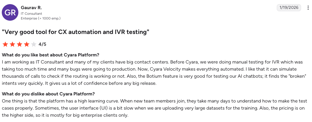 G2 review screenshot: Gaurav R., IT Consultant, rates Cyara Platform 4 out of 5, crediting Velocity for automating IVR testing while noting a high learning curve and pricing on the higher side.