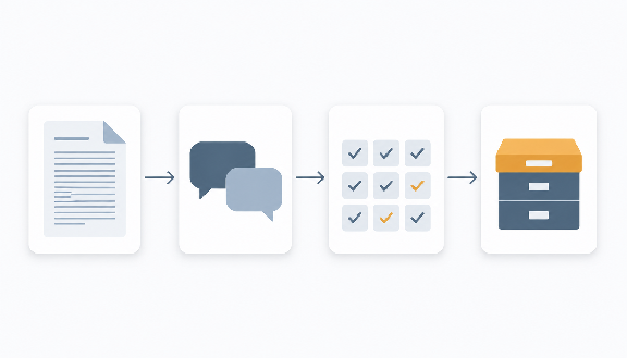 Four stages in sequence: a written document, a two-sided conversation, a grid of per-turn scores, and an archive box.