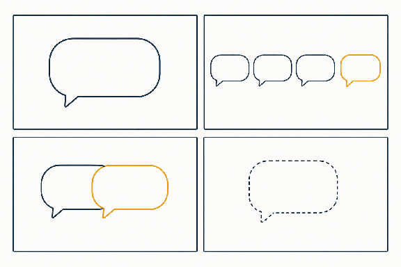 Four panels, each showing a speech bubble altered a different way: reshaped, positioned last in a row, overlapped by another bubble, and drawn as a dashed outline.