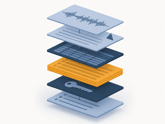 Six stacked layers in perspective: an audio waveform, a transcript, a scorecard grid, a repeated stack of run records, a key, and a log list.